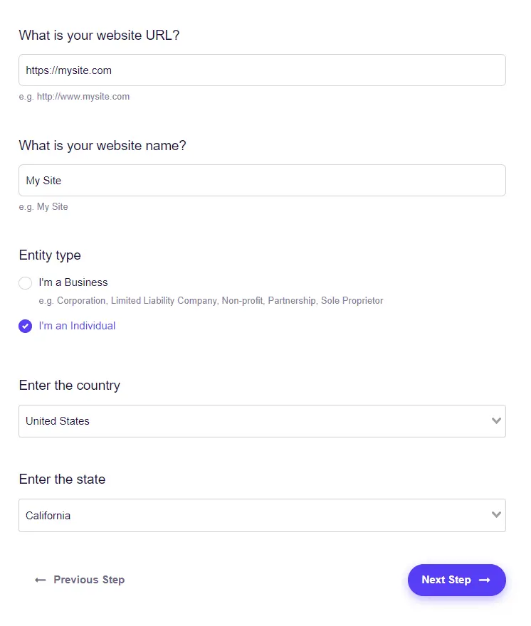 填写隐私政策页面的详细信息