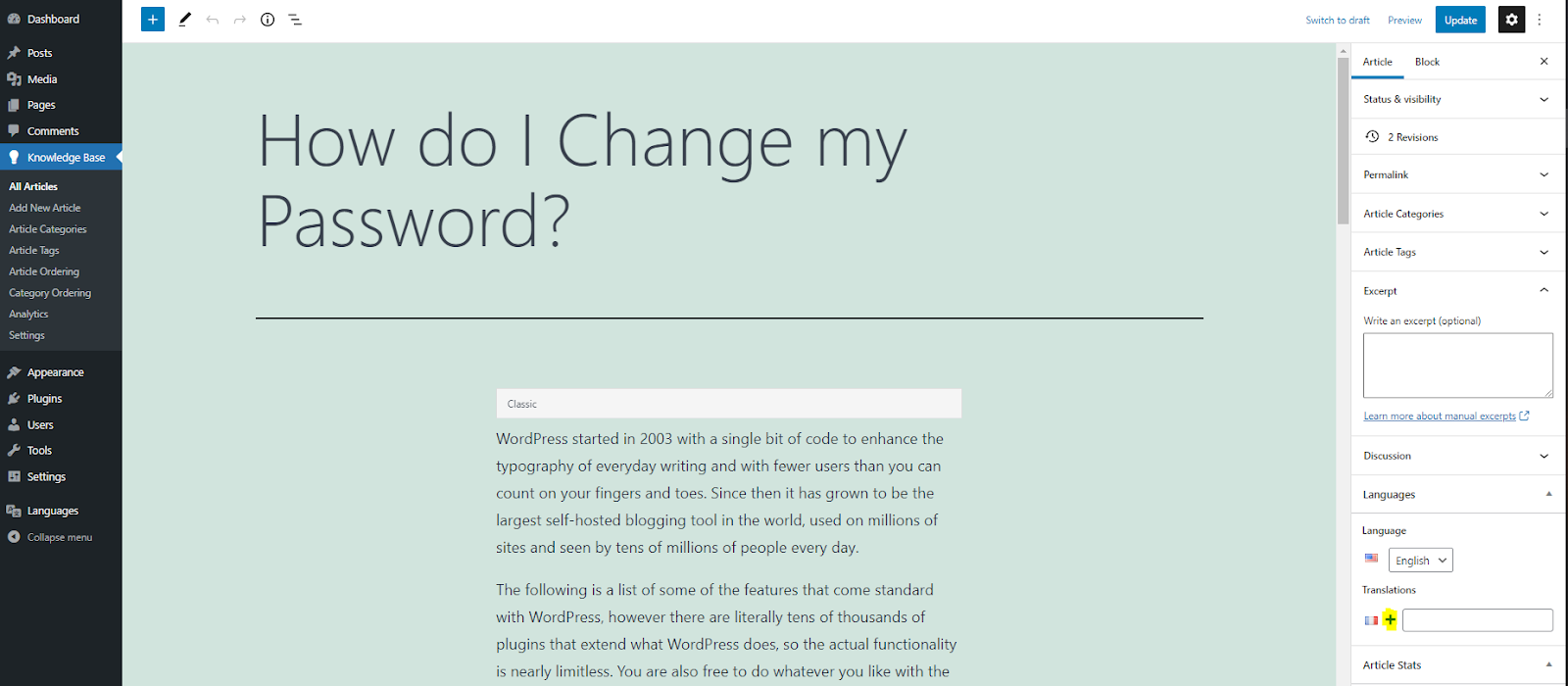 Imagen [12] - Cómo crear y gestionar una base de conocimientos multilingüe con el plugin Translator - Photonflux.com | Servicio profesional de reparación de WordPress, alcance global, respuesta rápida