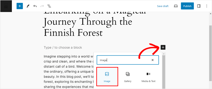 Selección de un bloque de imágenes en el editor de bloques