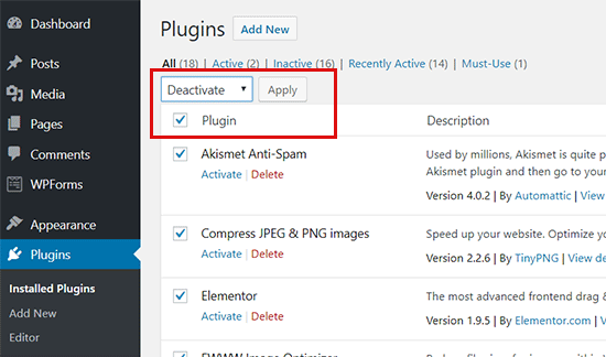 Disable all WordPress plugins Disable all WordPress plugins