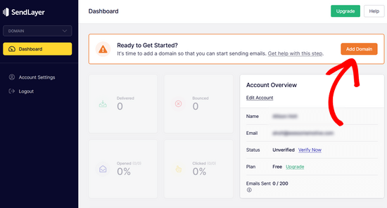 Click the Add Domain button in the SendLayer. Click the Add Domain button in the SendLayer.