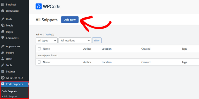 WPCodeの "Add new code snippet "をクリックします。 WPCodeの "Add new code snippet "をクリックします。