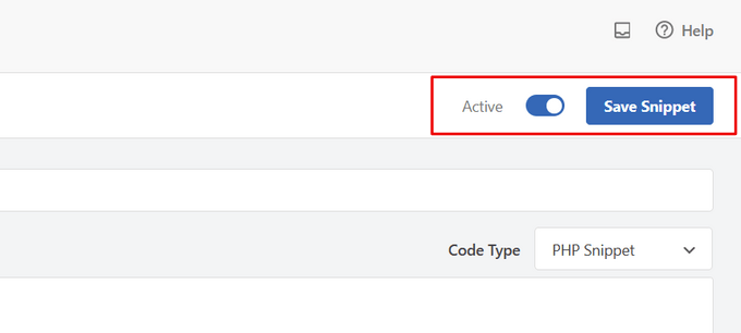コードスニペットWPCodeの有効化と保存 コードスニペットを保存してアクティブにします。