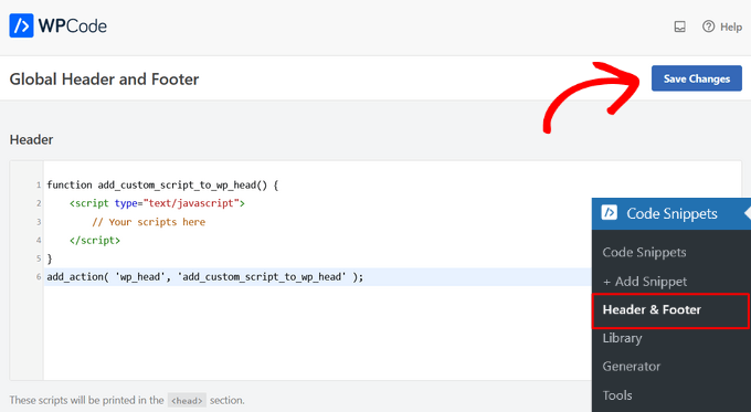 ヘッダーとフッターを挿入するプラグインのコードを追加します。 WPCodeでヘッダーとフッターにコードを追加する