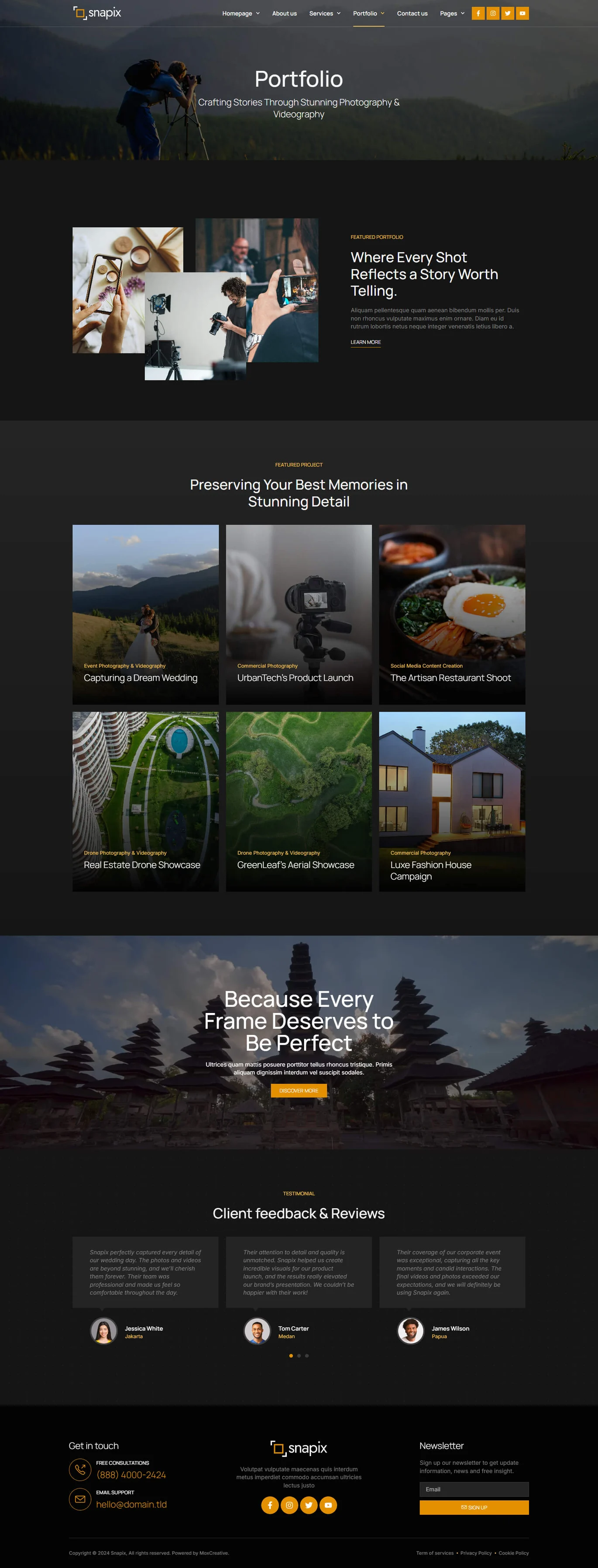 Imagen [2] - Snapix - Photography & Videography Services Elementor Template Kit - Photon Flux.com | Servicio profesional de reparación de WordPress, alcance global, respuesta rápida