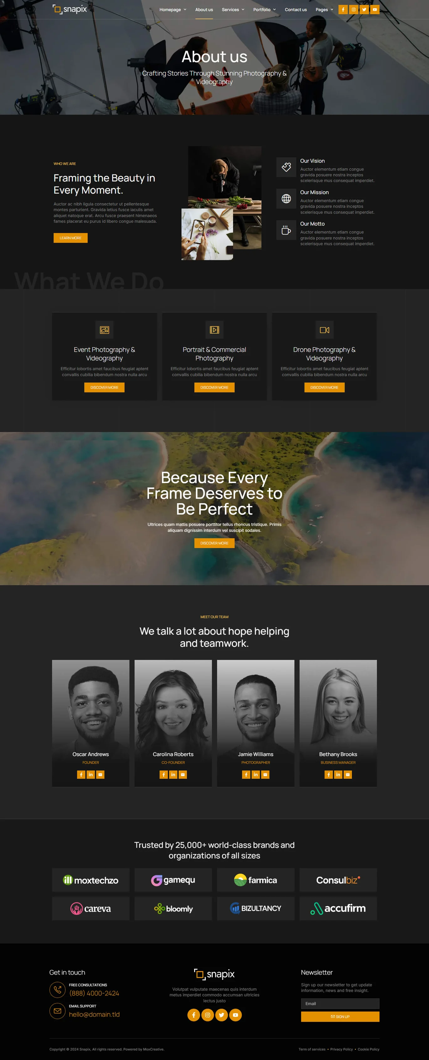 Imagen [1] - Snapix - Photography & Videography Services Elementor Template Kit - Photon Flux.com | Servicio profesional de reparación de WordPress, alcance global, respuesta rápida