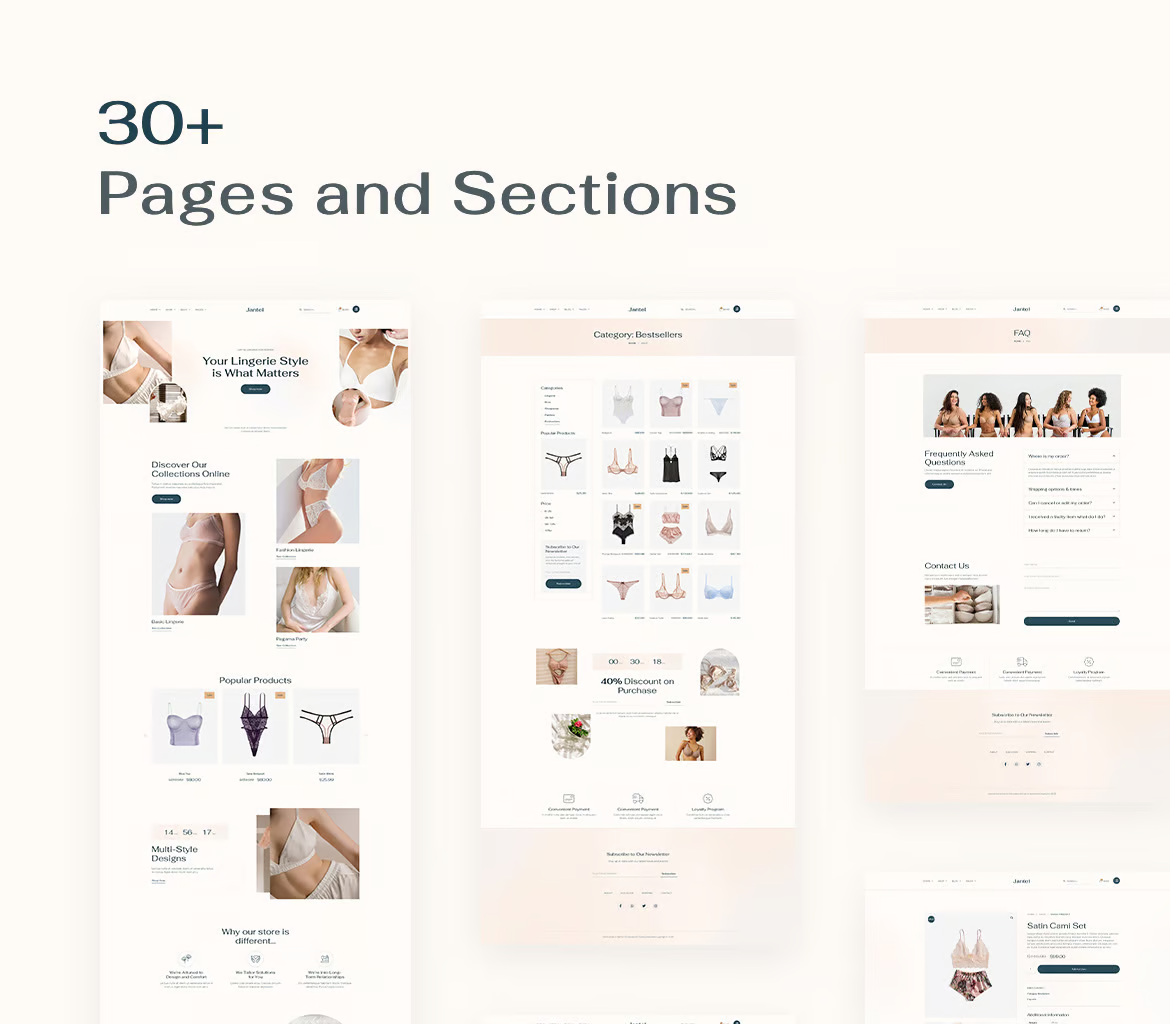 Imagen [2] - Jantel Lingerie & Pajama Store Elementor Pro Template Kit - Photon Fluctuation Network | Servicio profesional de reparación de WordPress, alcance global, respuesta rápida