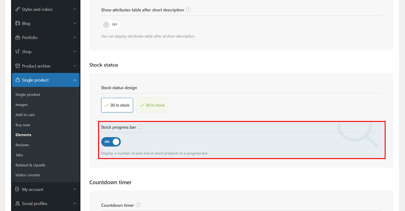 Imagen [13] - Una completa introducción a las tres principales mejoras del tema WoodMart: recuento de visitantes, recuento de ventas y barra de progreso del inventario.