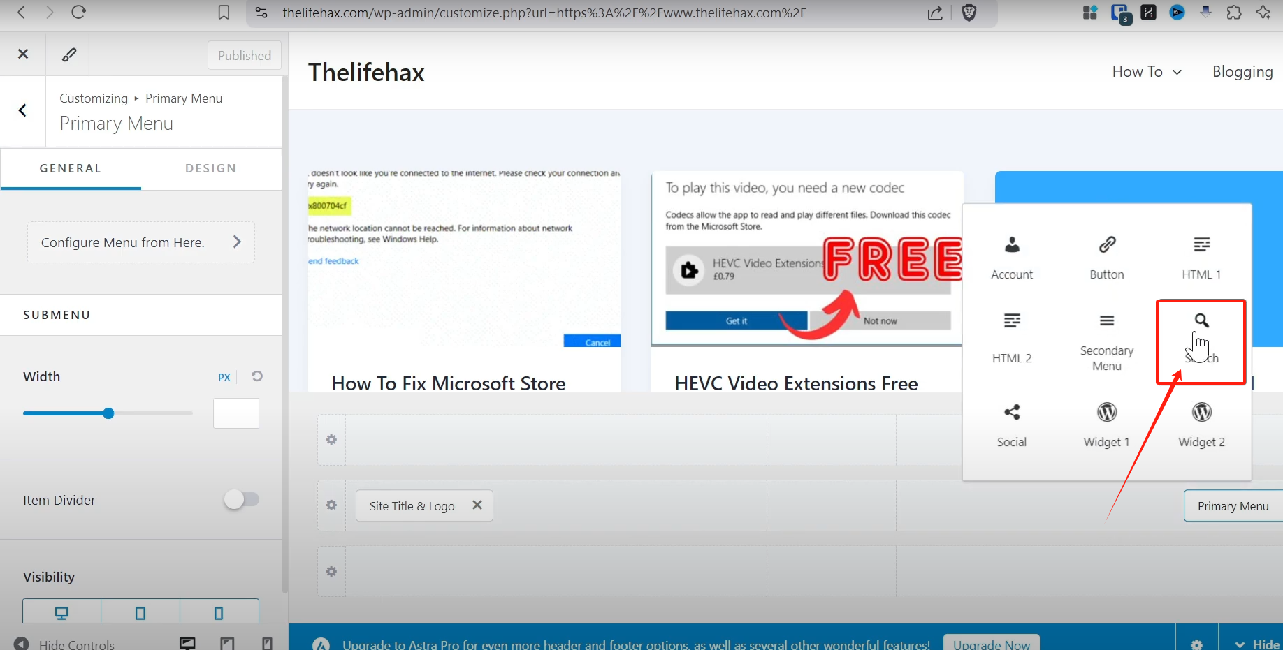 Image [6]-Tutoriel sur le thème Astra : Comment ajouter une barre de recherche sur le thème Astra pour accélérer la recherche du contenu du site !