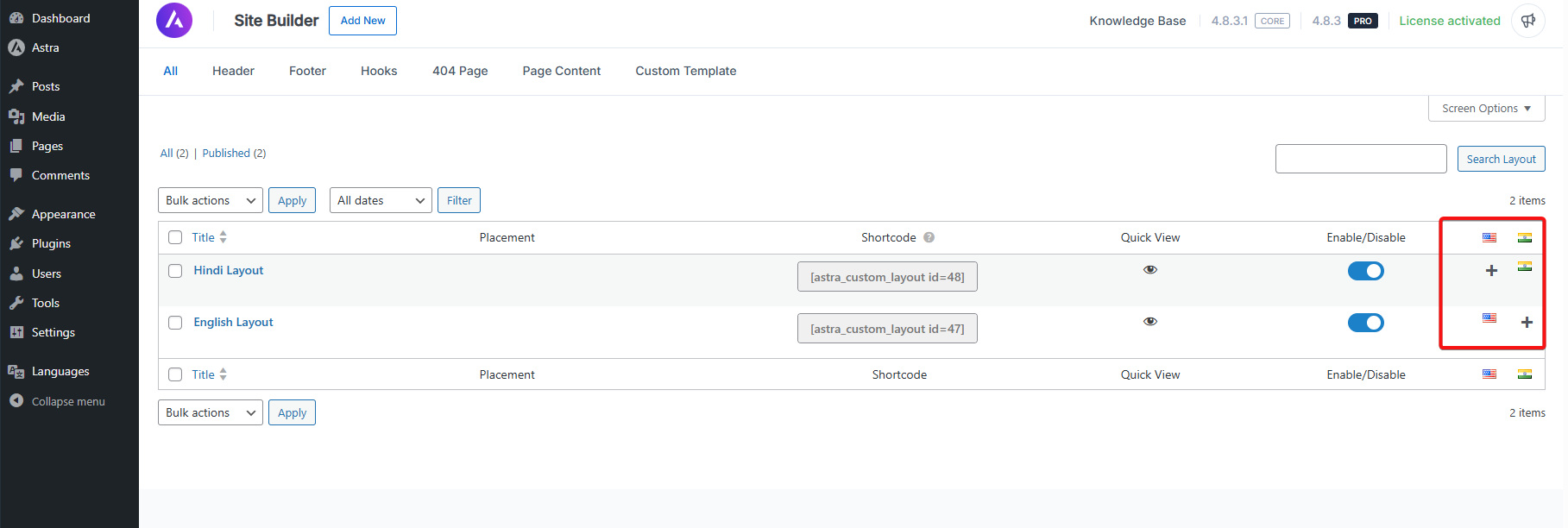 Imagen [6] - Gestión de diseños multilingües de Astra Site Builder con Polylang