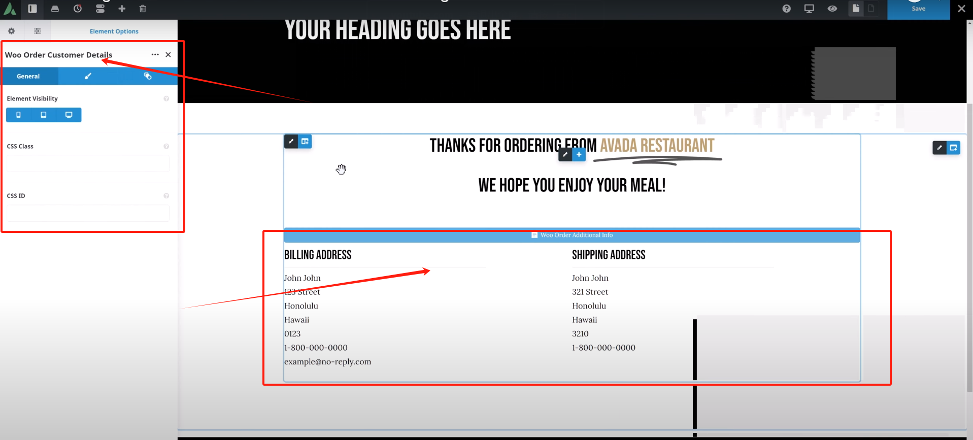 Définition de l'élément "Woo Order Customer Details" (Détails de la commande du client)