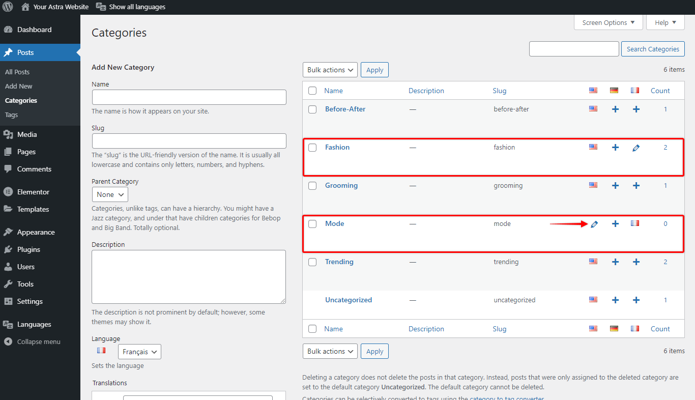 Imagen [4] - Traduzca fácilmente categorías, etiquetas y cadenas personalizadas del sitio web de Astra utilizando el plugin Polylang.