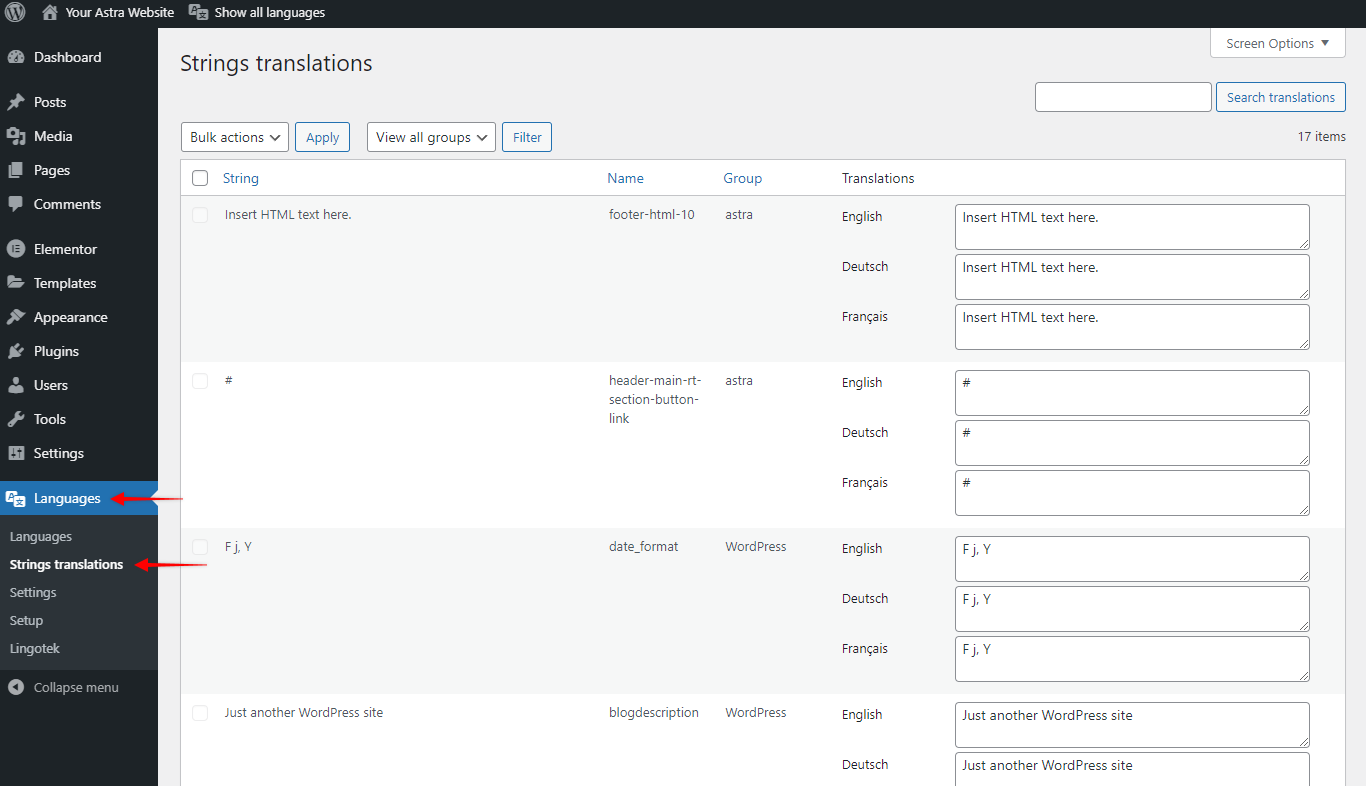 Imagen [6] - Traduzca fácilmente categorías, etiquetas y cadenas personalizadas del sitio web de Astra utilizando el plugin Polylang.