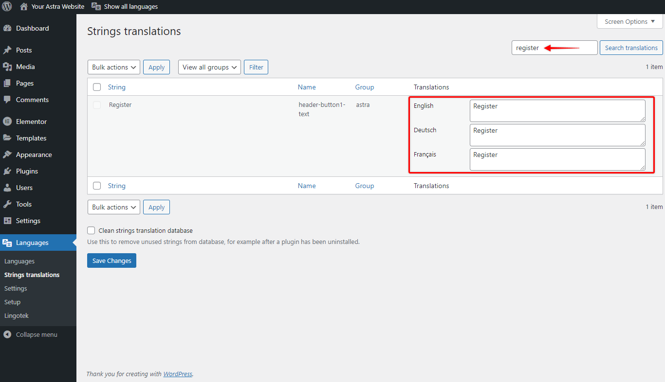 Imagen [7] - Traduzca fácilmente categorías, etiquetas y cadenas personalizadas del sitio web de Astra utilizando el plugin Polylang.