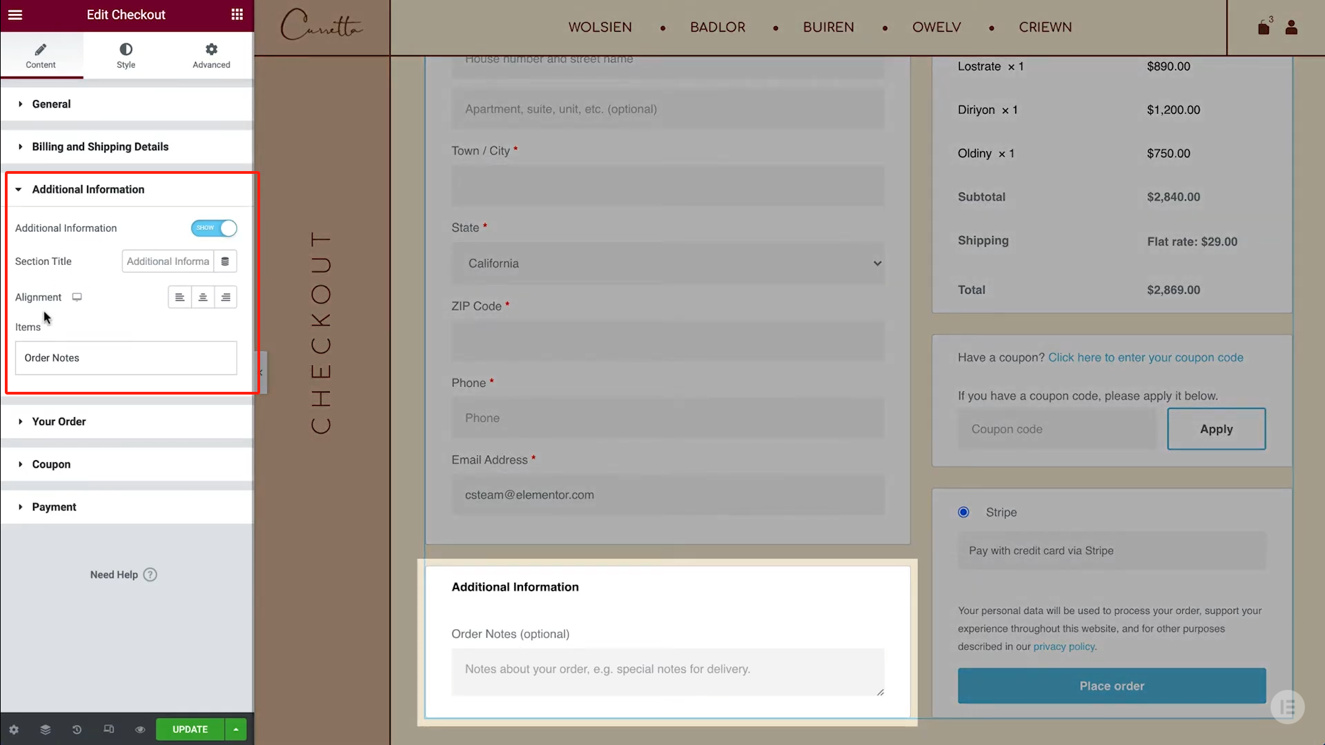Imagen [7] - Cómo personalizar completamente la página de pago de WooCommerce con Elementor