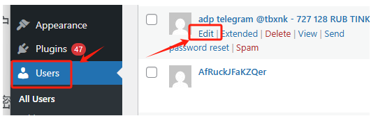 在WordPress后台,点击“用户”->“所有用户”。
找到你的账户并点击“编辑”。