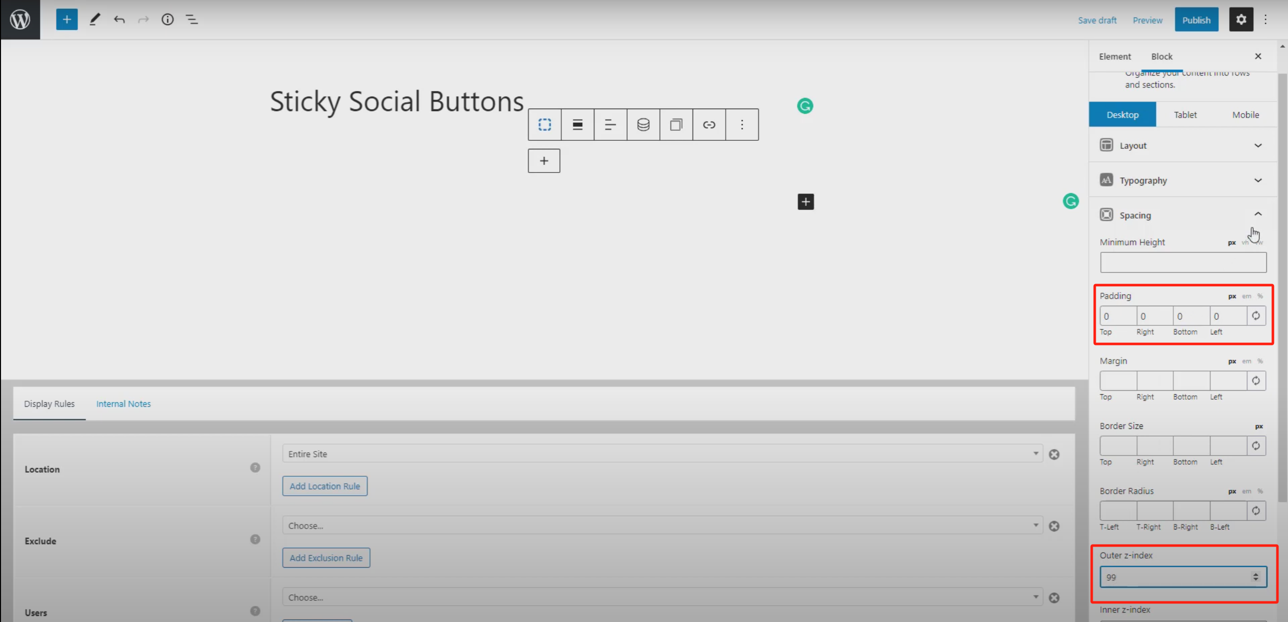 Imagen [6] - Creación de botones de iconos sociales flotantes para escritorio: Tutorial completo con GeneratePress y GenerateBlocks
