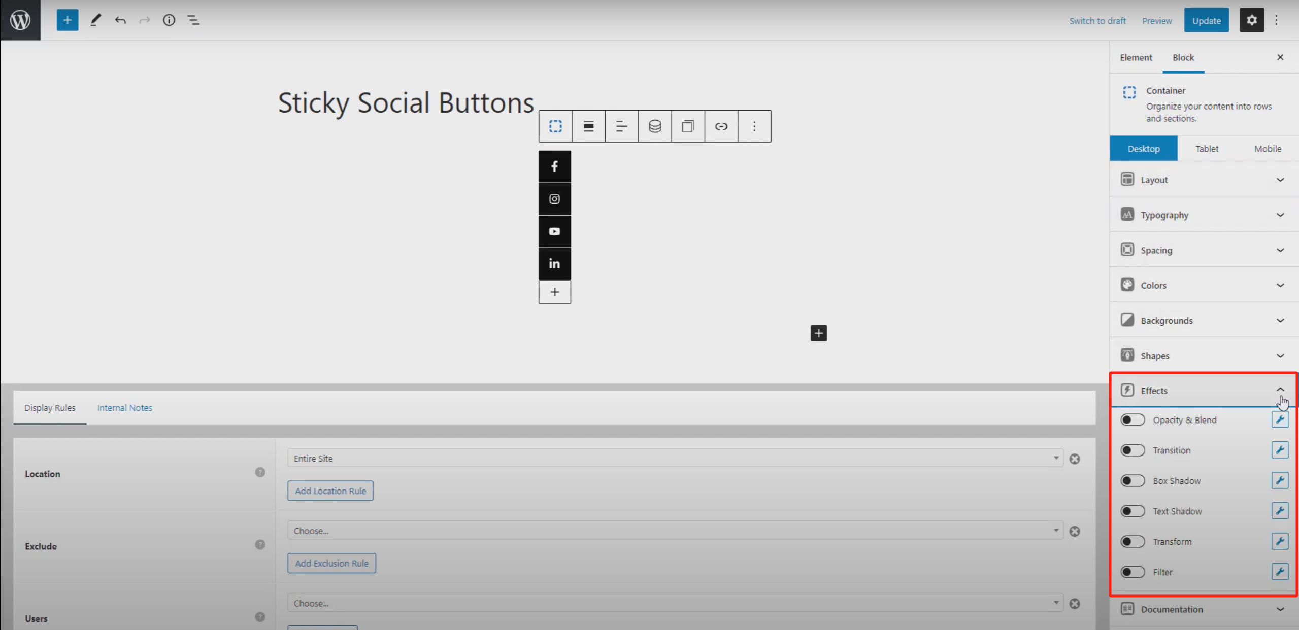 Imagen [13]-Creación de botones de iconos sociales flotantes para el escritorio: tutorial completo con GeneratePress y GenerateBlocks