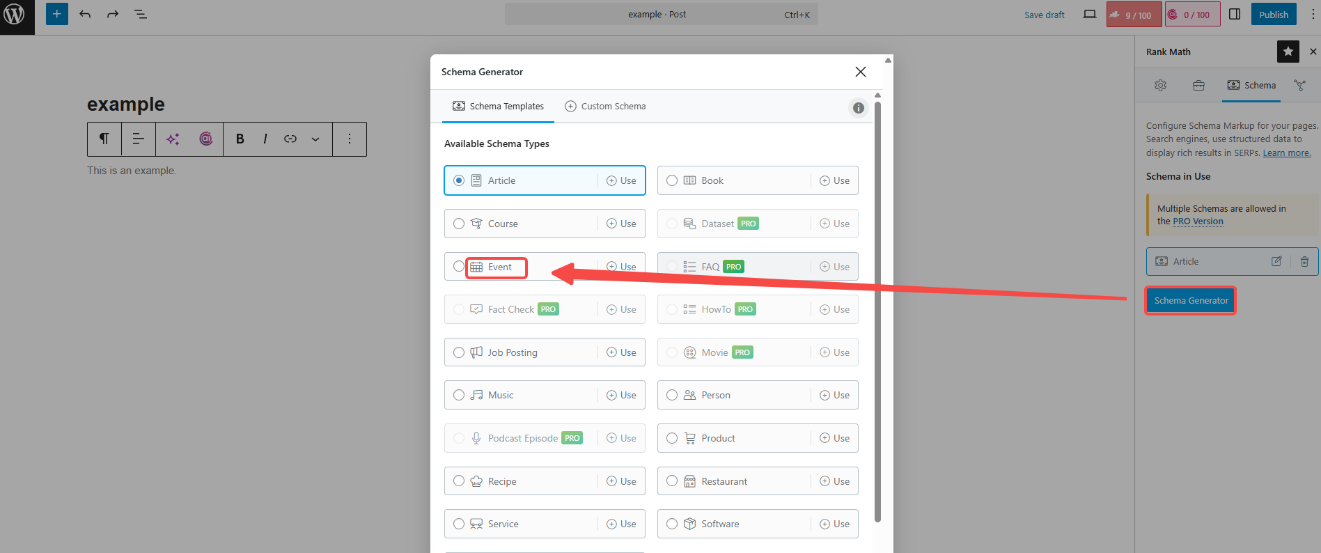 Image [6] - Ajout d'un schéma d'événement avec Rank Math pour optimiser le référencement de la page de l'événement
