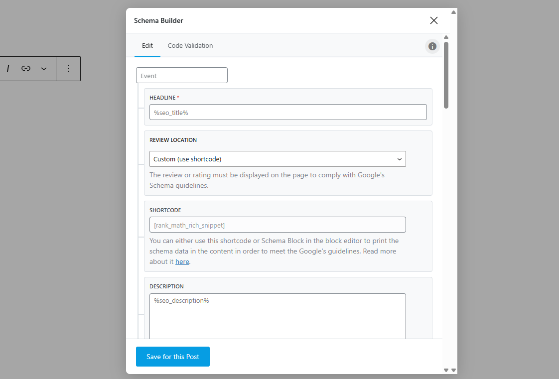 Image [7] - Ajout d'un schéma d'événement avec Rank Math pour optimiser le référencement de la page de l'événement