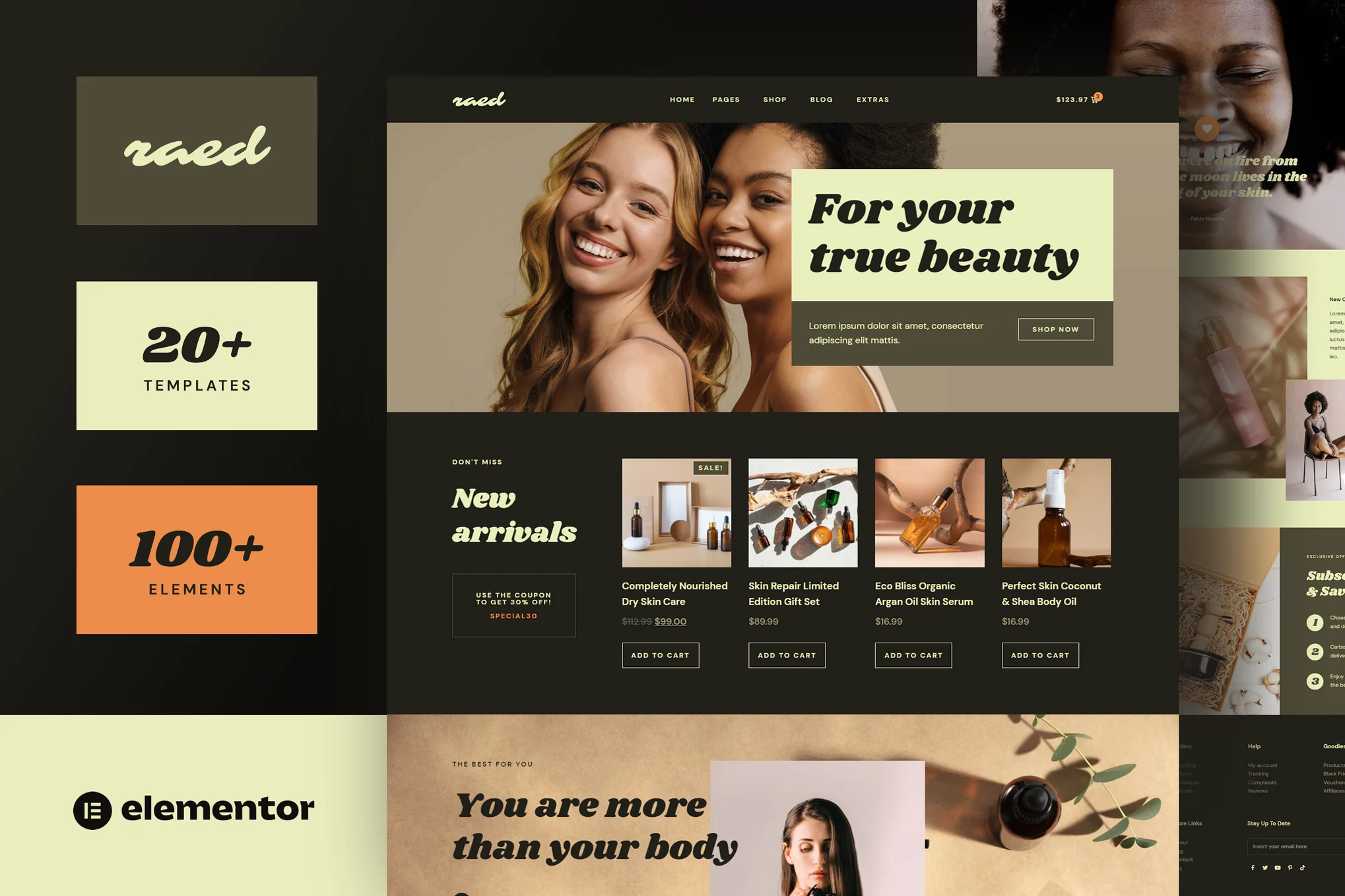Raed - Organic Cosmetics & Natural Beauty Store Elementor Template Kit - Photon Flux Network | Service de réparation WordPress professionnel, dans le monde entier, réponse rapide