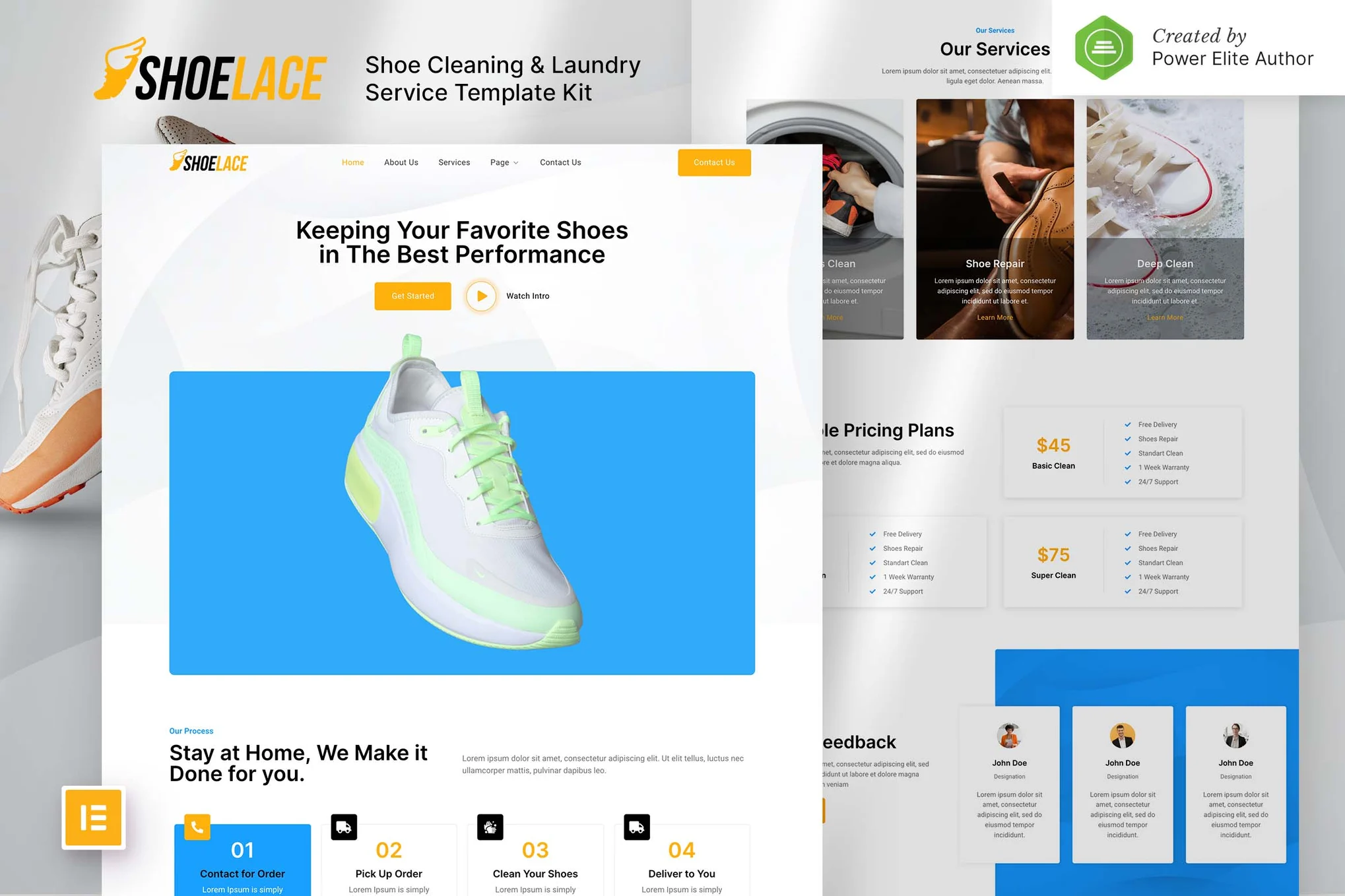 Shoelace - Shoe Cleaning and Washing Service Elementor Template Kit - Photon Flux Network | Servicio profesional de reparación de WordPress, alcance global, respuesta rápida