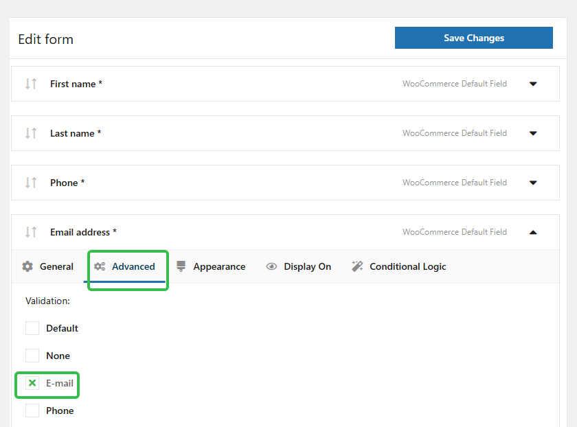 Flexible Checkout Fields字段设置中直接配置验证