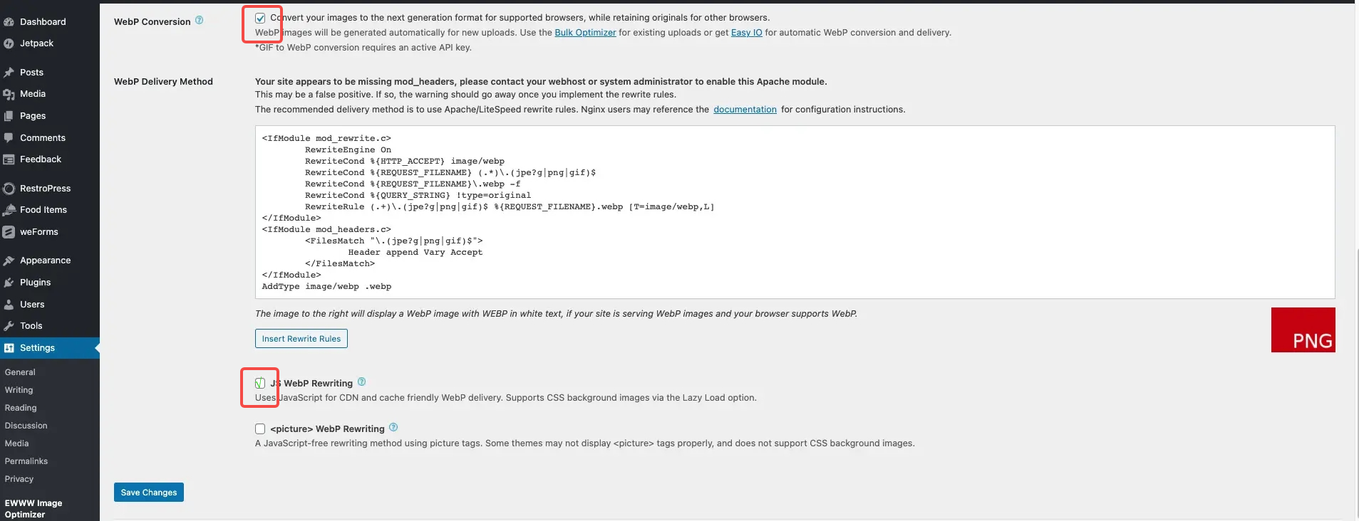 EWWW 启用 WebP Conversion和 JS WebP Rewriting