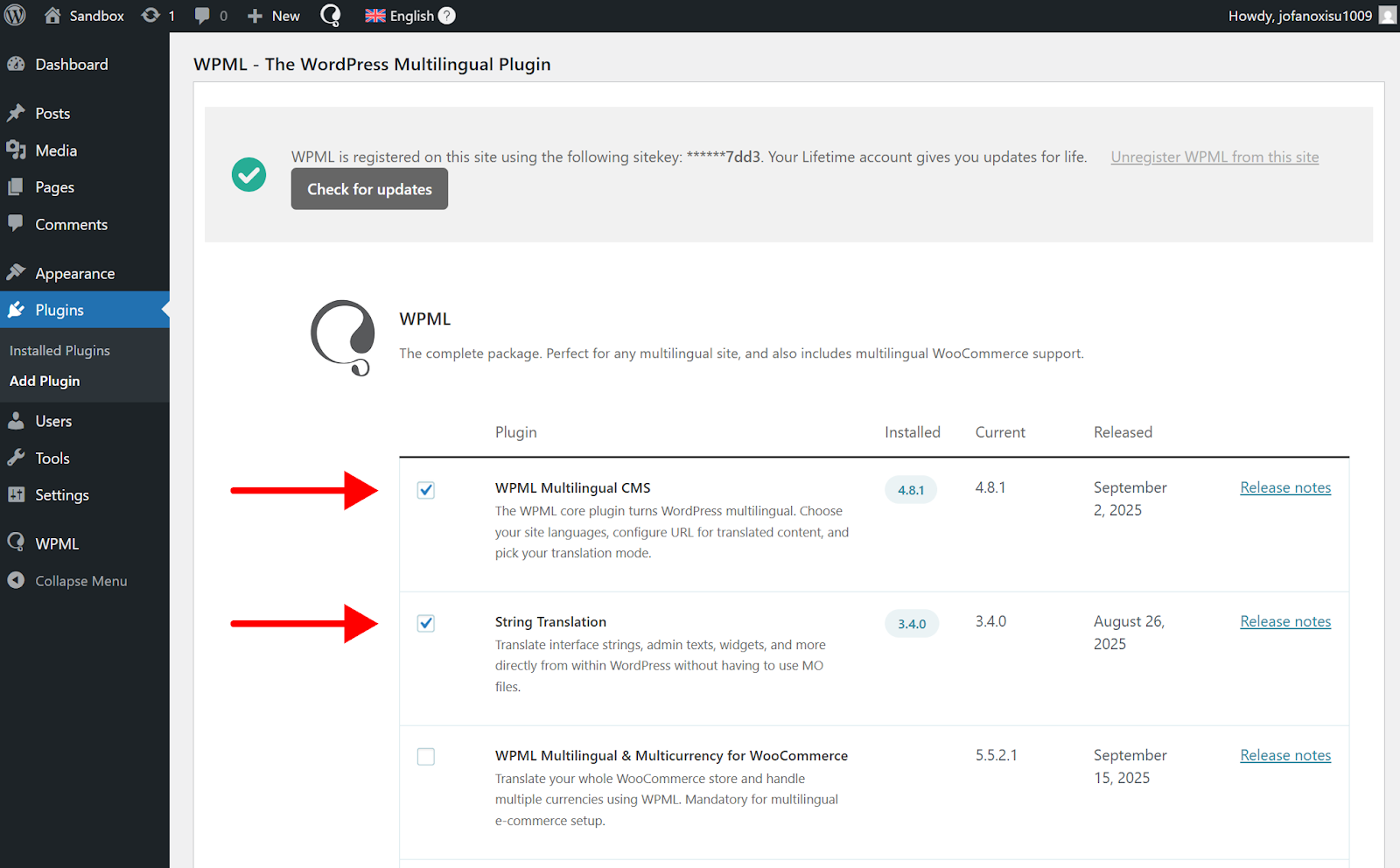 必要なWPMLコンポーネントをインストールする