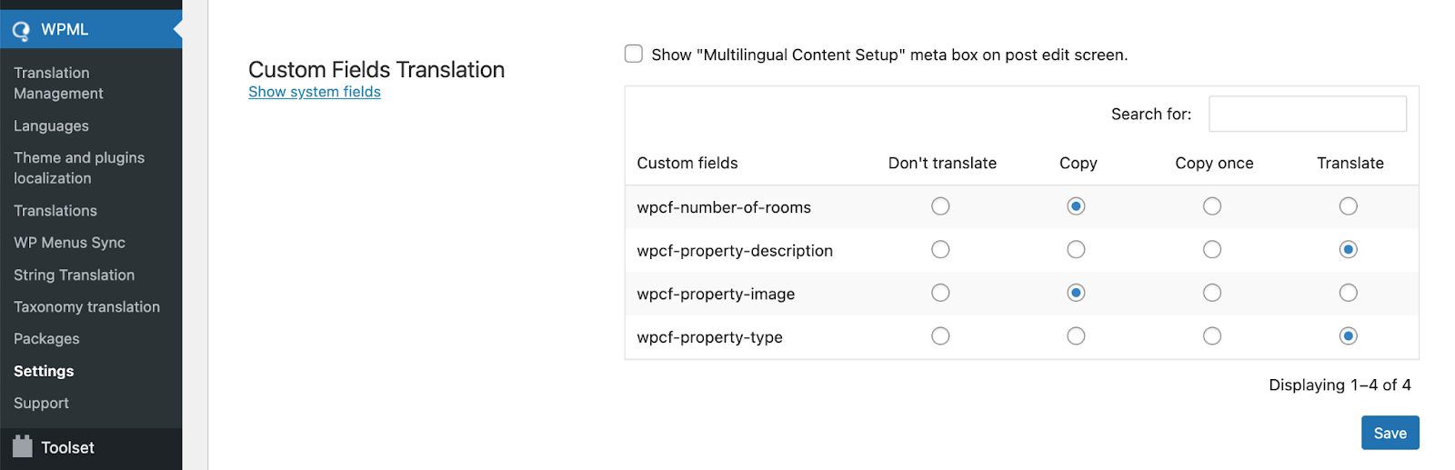 WPMLは各カスタムフィールドに対して翻訳方法を設定します