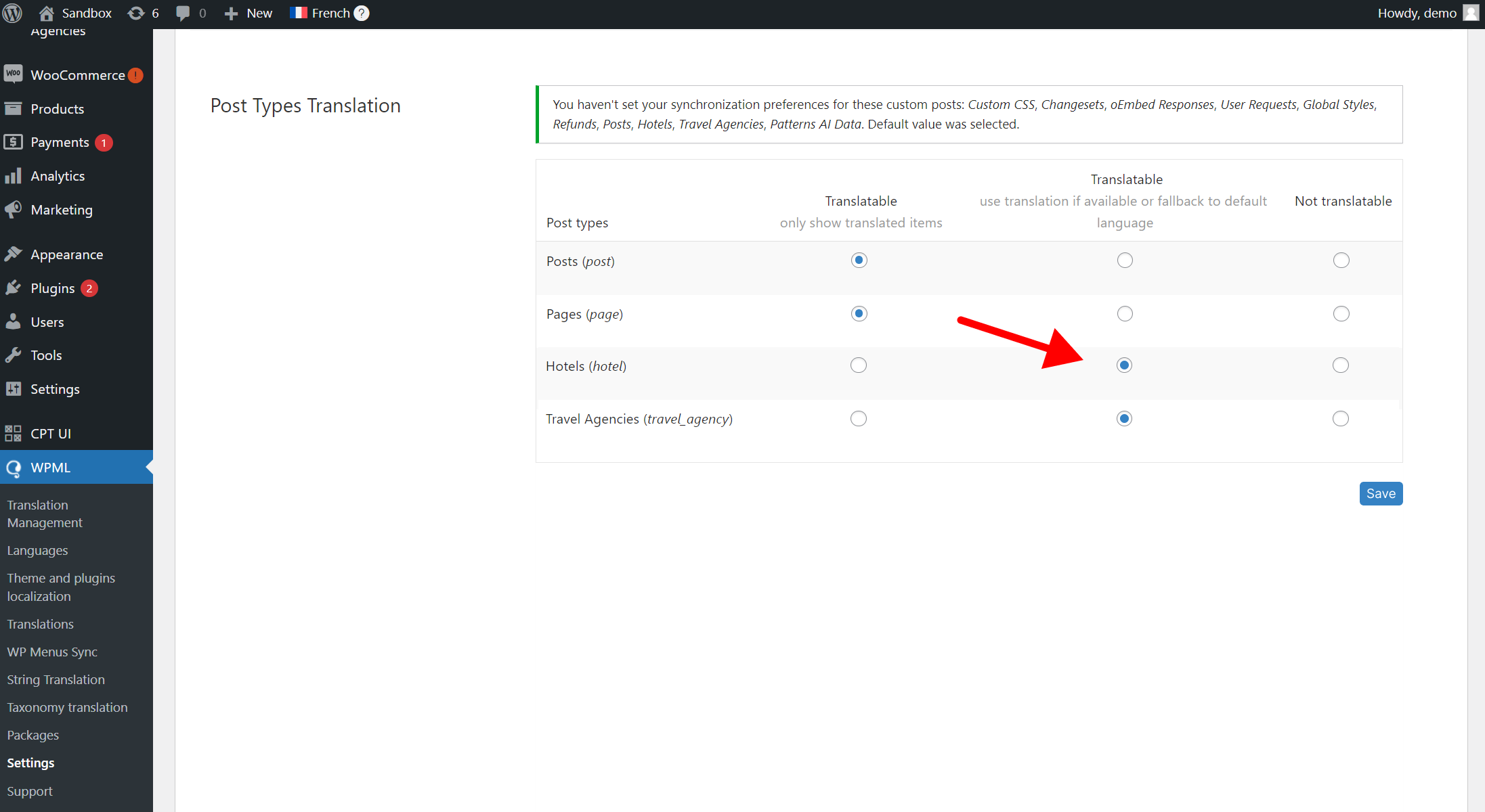 WPML的post type 是否设置为“可翻译”并显示正确语言版本