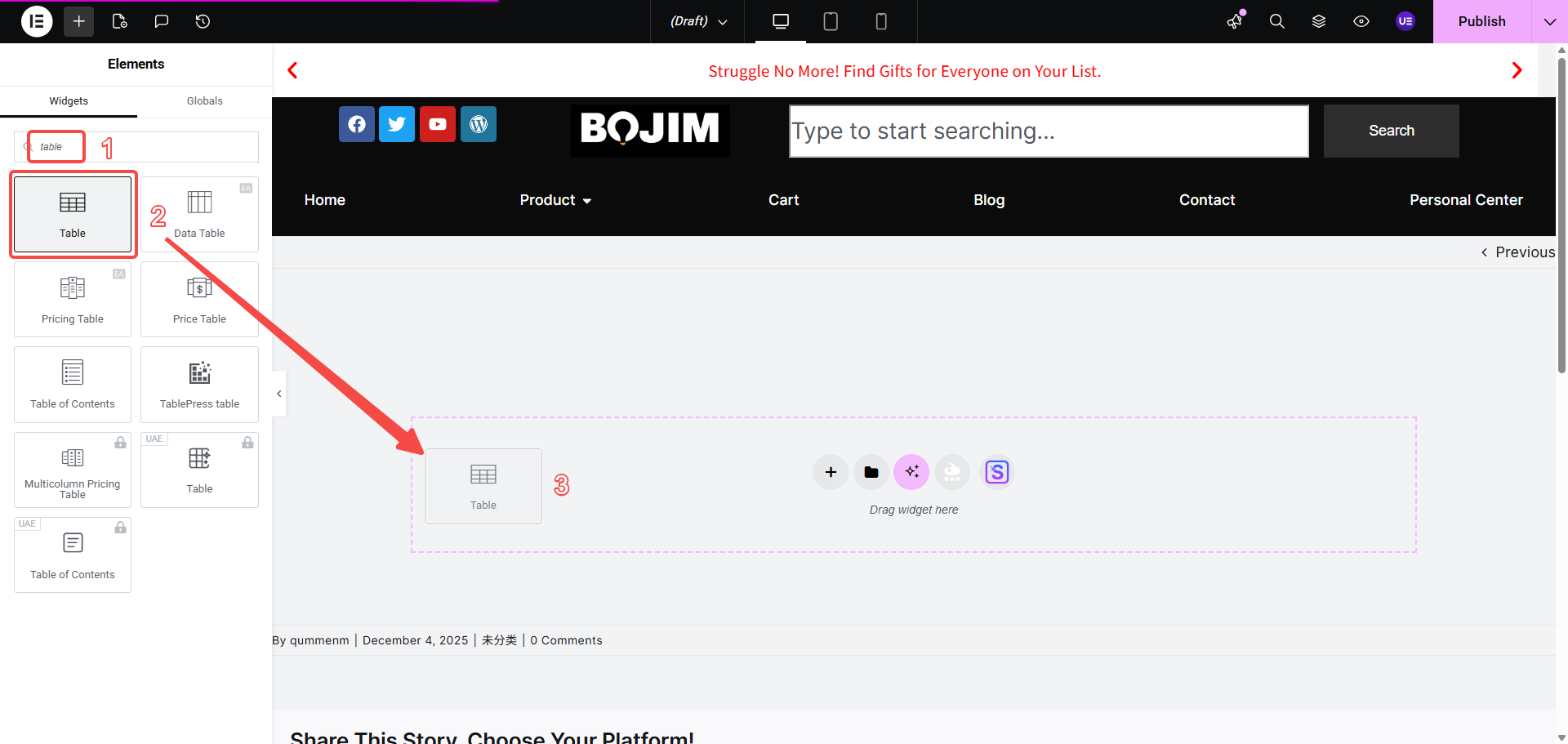 Añadir tablas utilizando los complementos de tablas para Elementor.