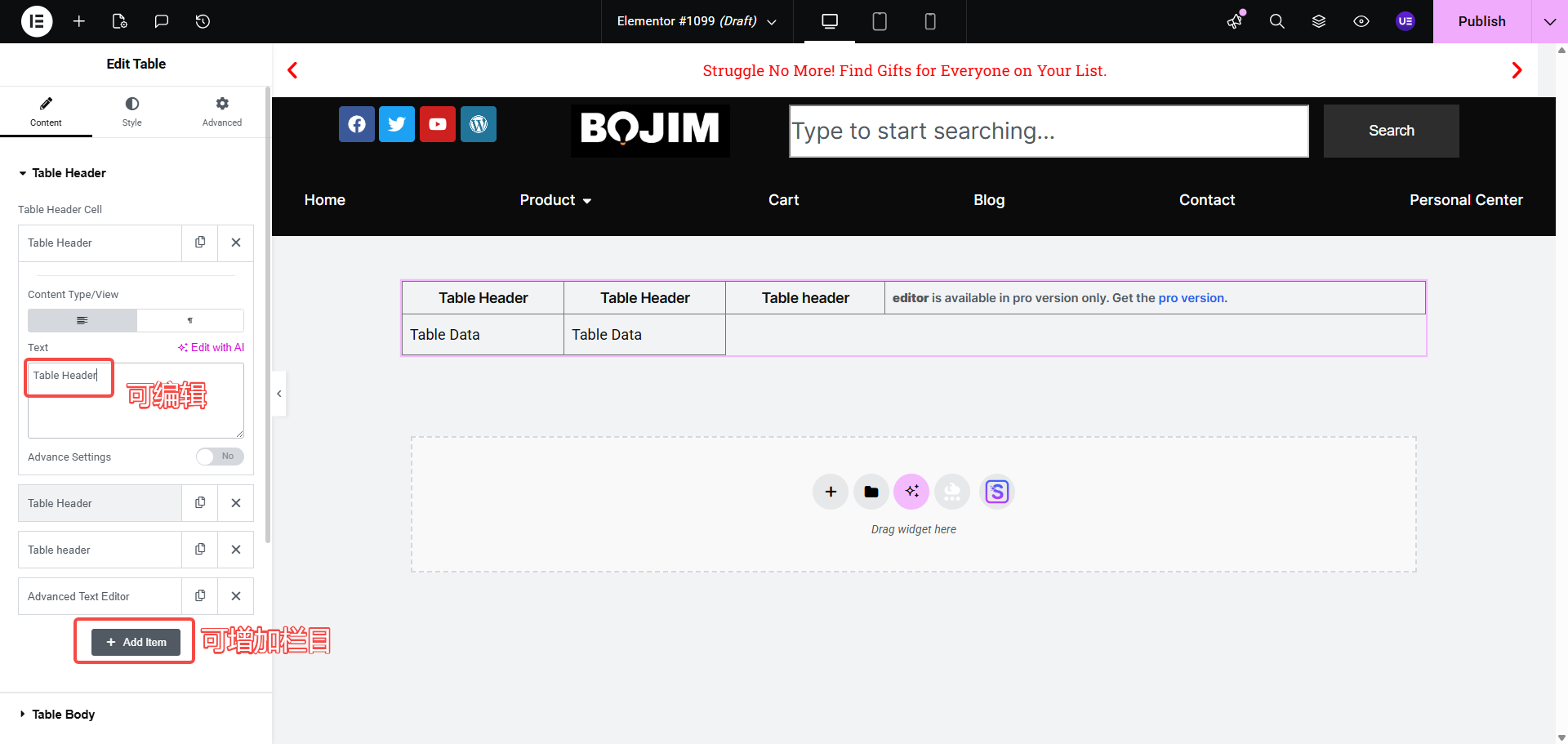 Número de tablas editables
