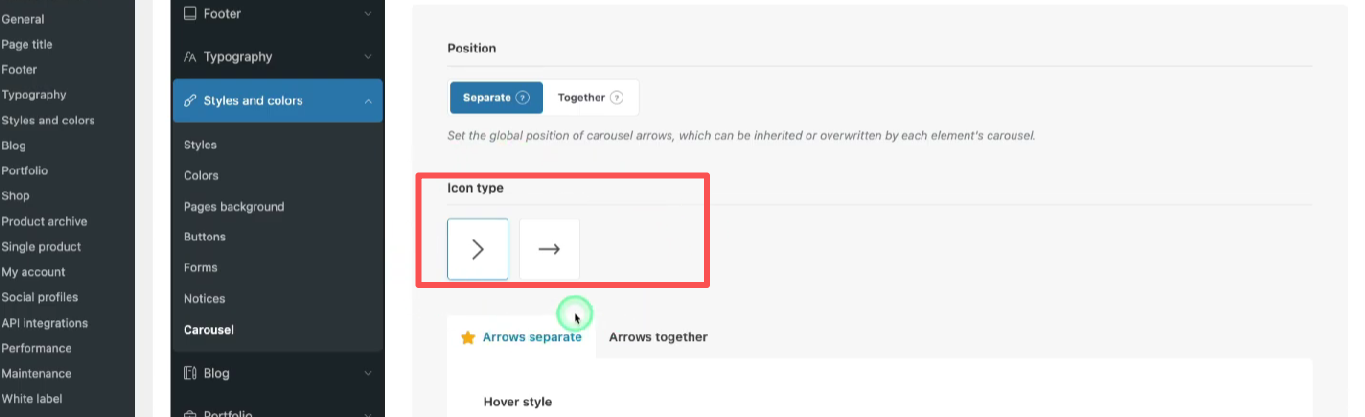 Imagen [4]: cómo configurar y personalizar las flechas, la paginación y la barra de desplazamiento del carrusel en el tema Woodmart.