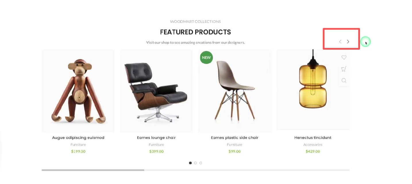 Imagen [3]: cómo configurar y personalizar las flechas, la paginación y la barra de desplazamiento del carrusel en el tema Woodmart.