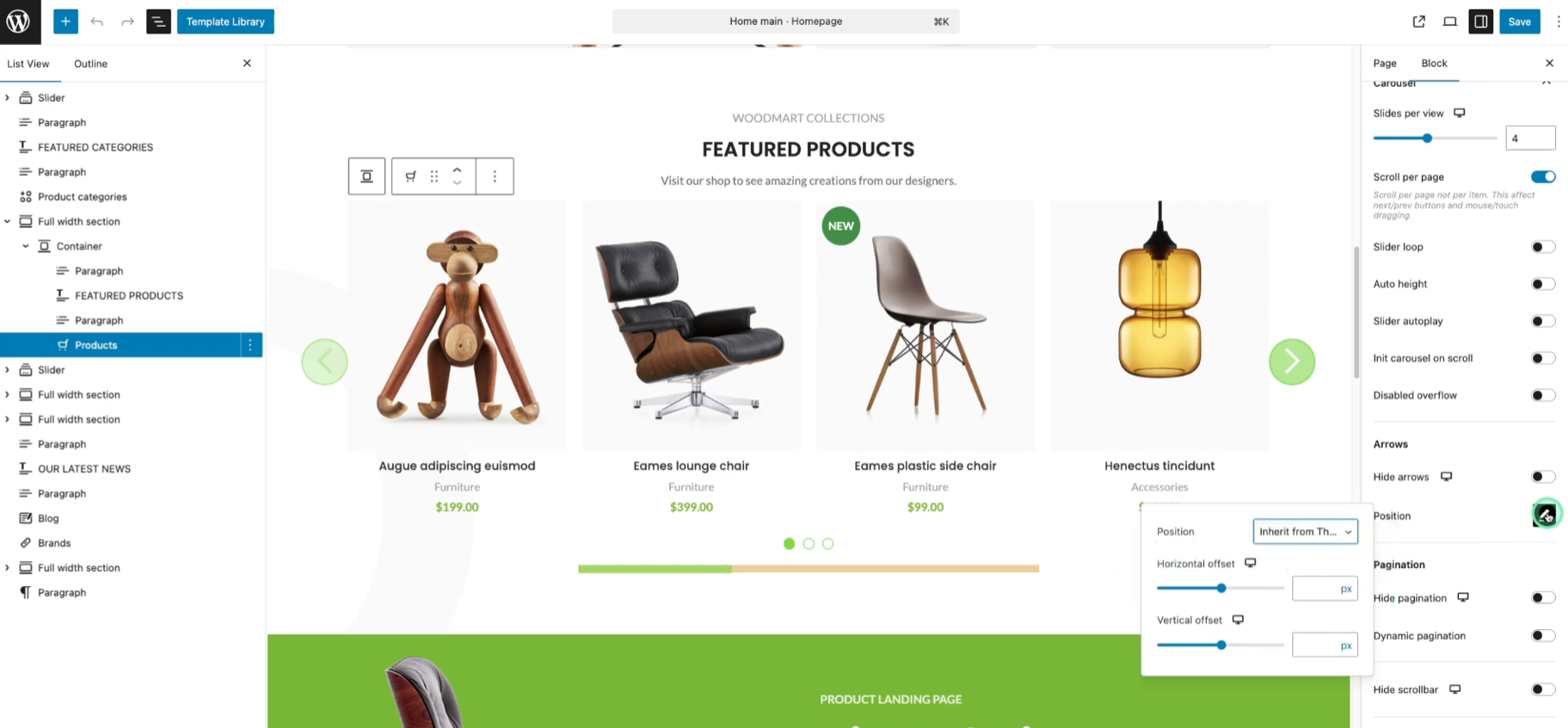 Imagen [8]: cómo configurar y personalizar las flechas, la paginación y la barra de desplazamiento del carrusel en el tema Woodmart.