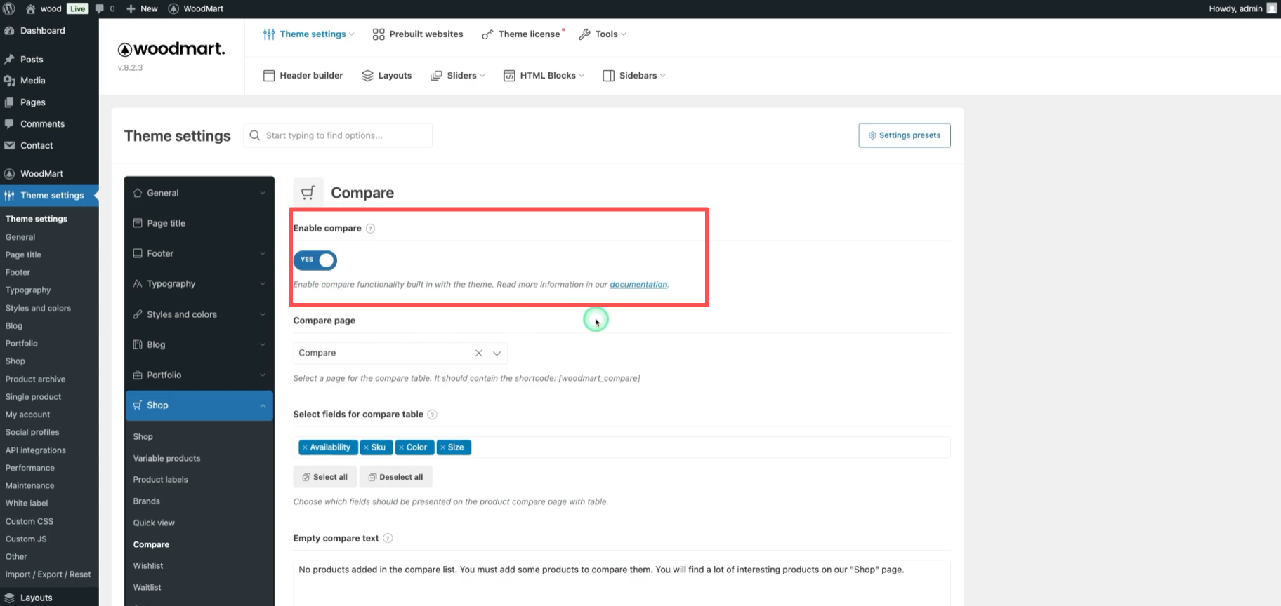 Imagen [2] - Cómo habilitar y optimizar la función de comparación en el tema Woodmart.