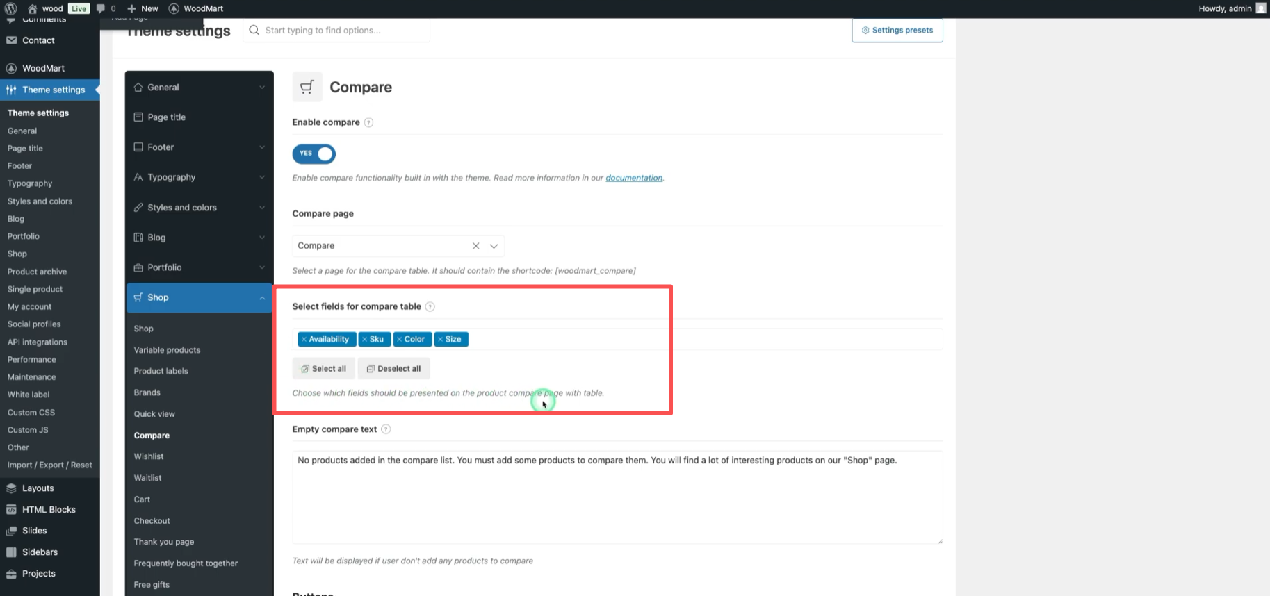 Imagen [5] - Cómo habilitar y optimizar la función de comparación en el tema Woodmart.