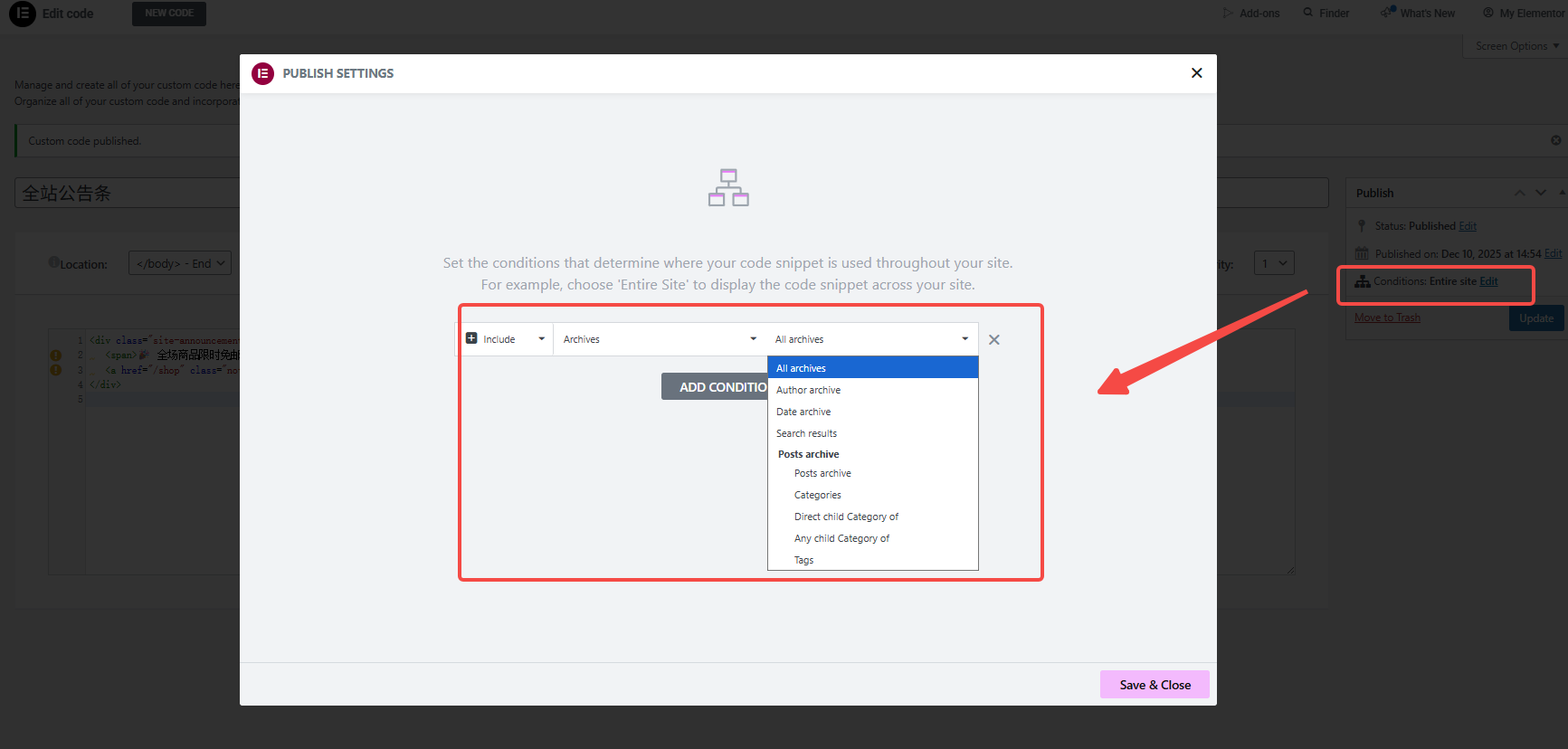 Imagen [6]: ¿Te apetece lanzar una promoción festiva? Utiliza el código personalizado de Elementor para añadir rápidamente un banner en todo el sitio y obtener resultados impresionantes.