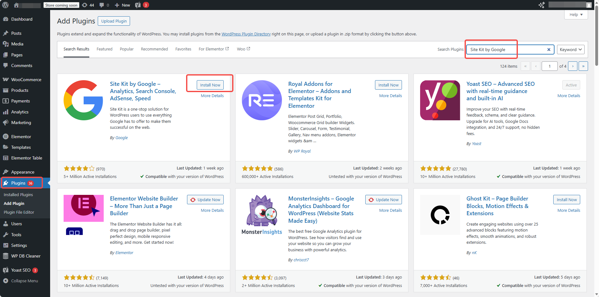 Recherchez Site Kit dans le tableau de bord d'administration WordPress.