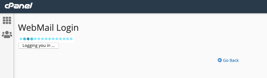 La page de connexion à cPanel WebMail reste bloquée sur « Connexion en cours... » avec le point de progression qui tourne en boucle.