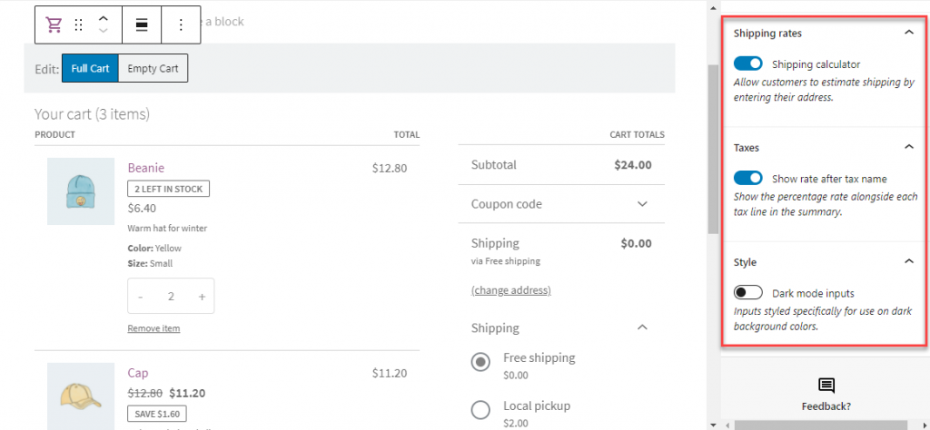El panel de configuración de WooCommerce Block Cart incluye un subtotal y una opción para activar o desactivar las ventas cruzadas.