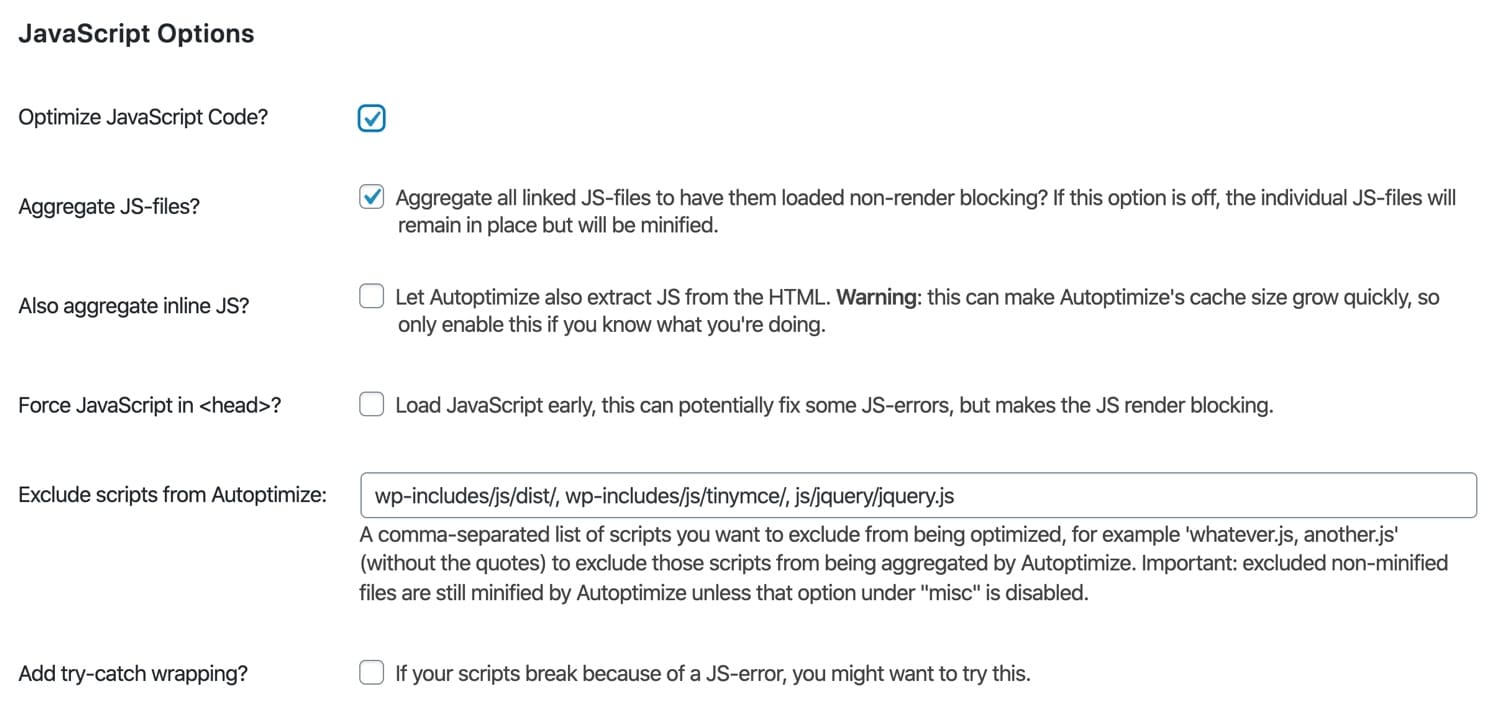 Autoptimize Backend JavaScript Options Section with Multiple Checkboxes
