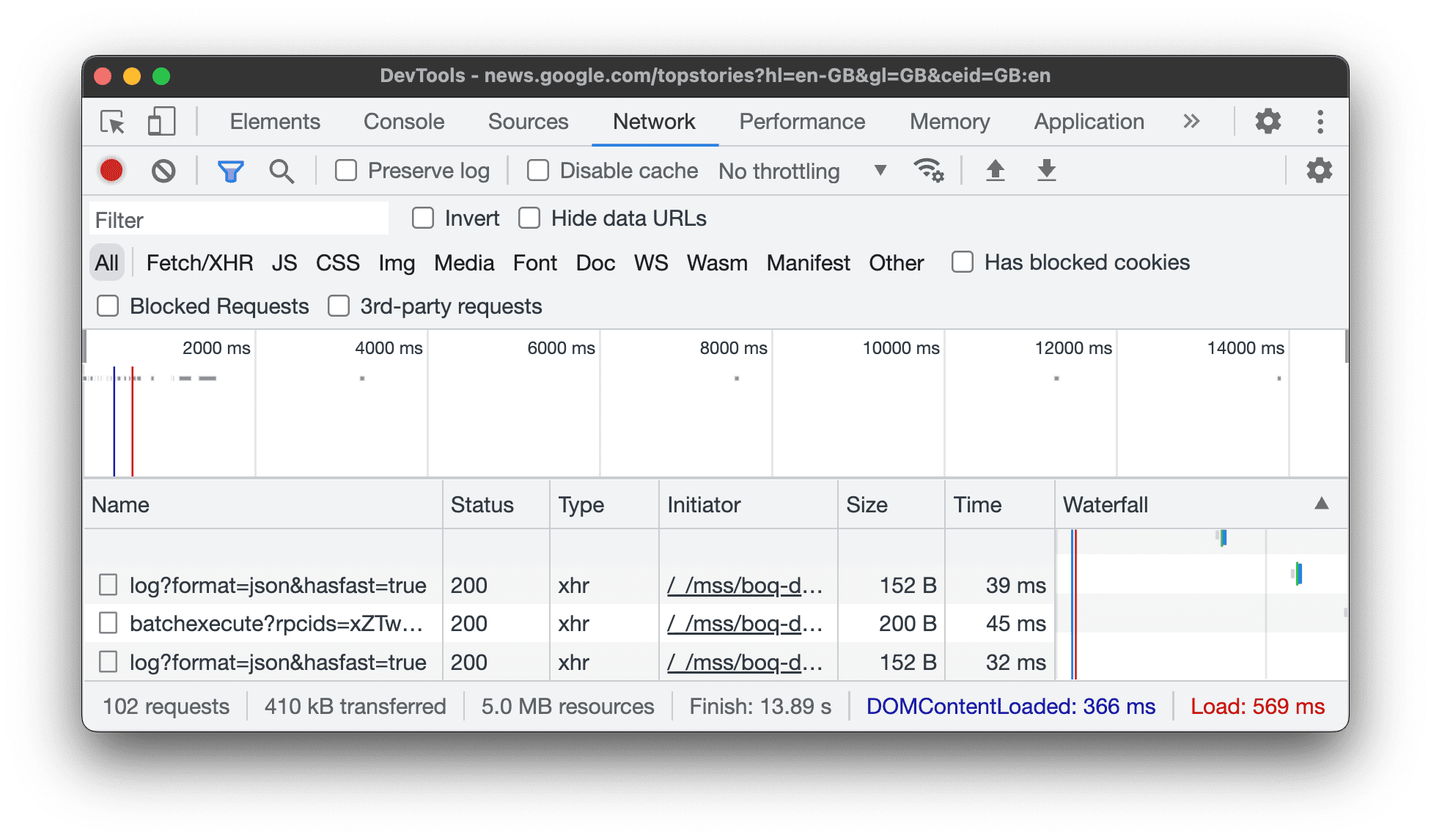 Chrome DevTools Network Panel Request List and Waterfall Chart