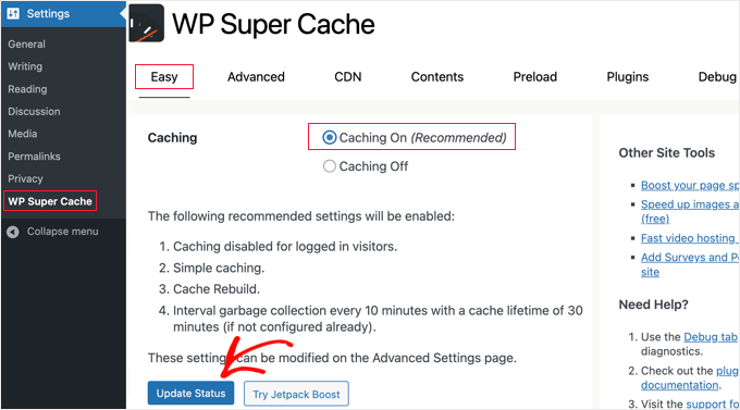 WP Super Cache Easy tab: Caching On status and Update Status button