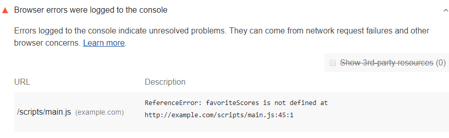 Lighthouse report showing console error messages and ReferenceError table entries
