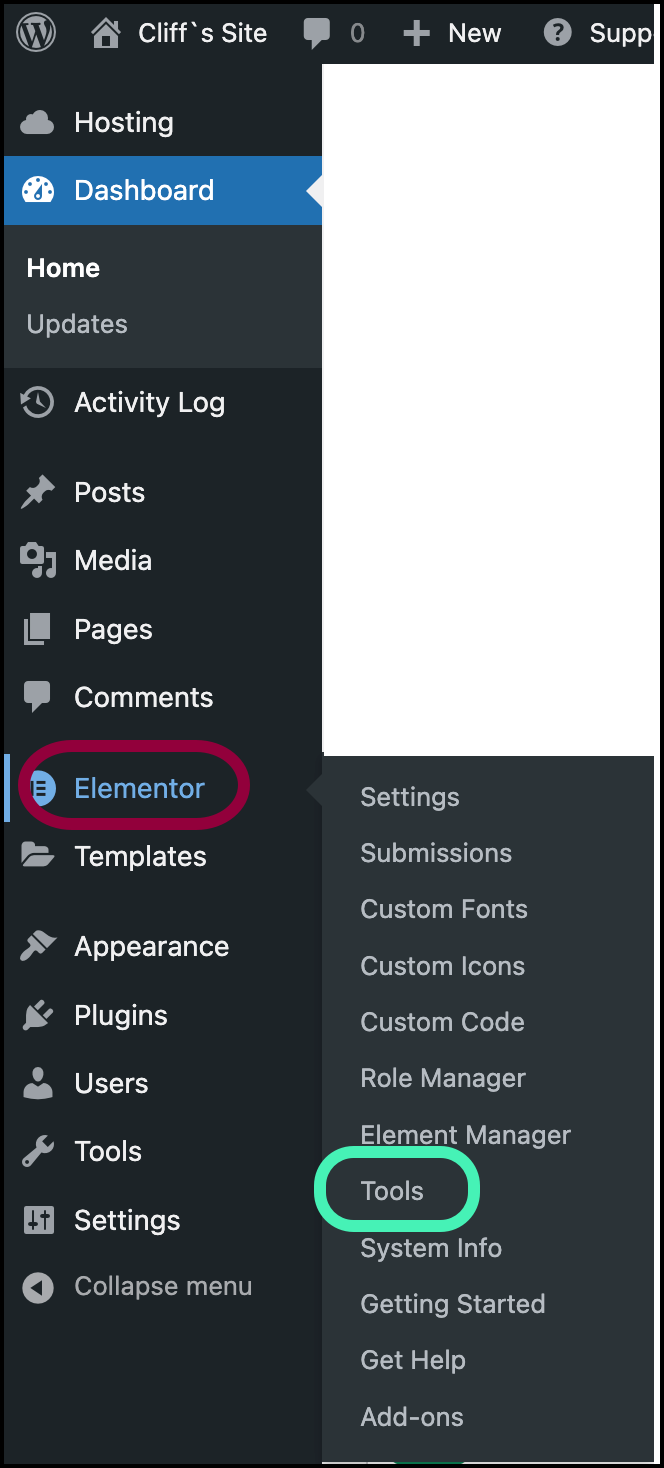 The Tools entry point is visible in the expanded Elementor section of the WordPress admin left-hand menu.