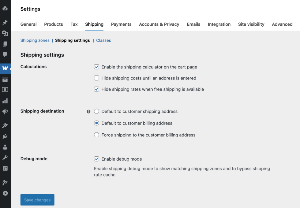 WooCommerce后台Shipping settings页面，包含运费计算开关与默认配送目的地选项