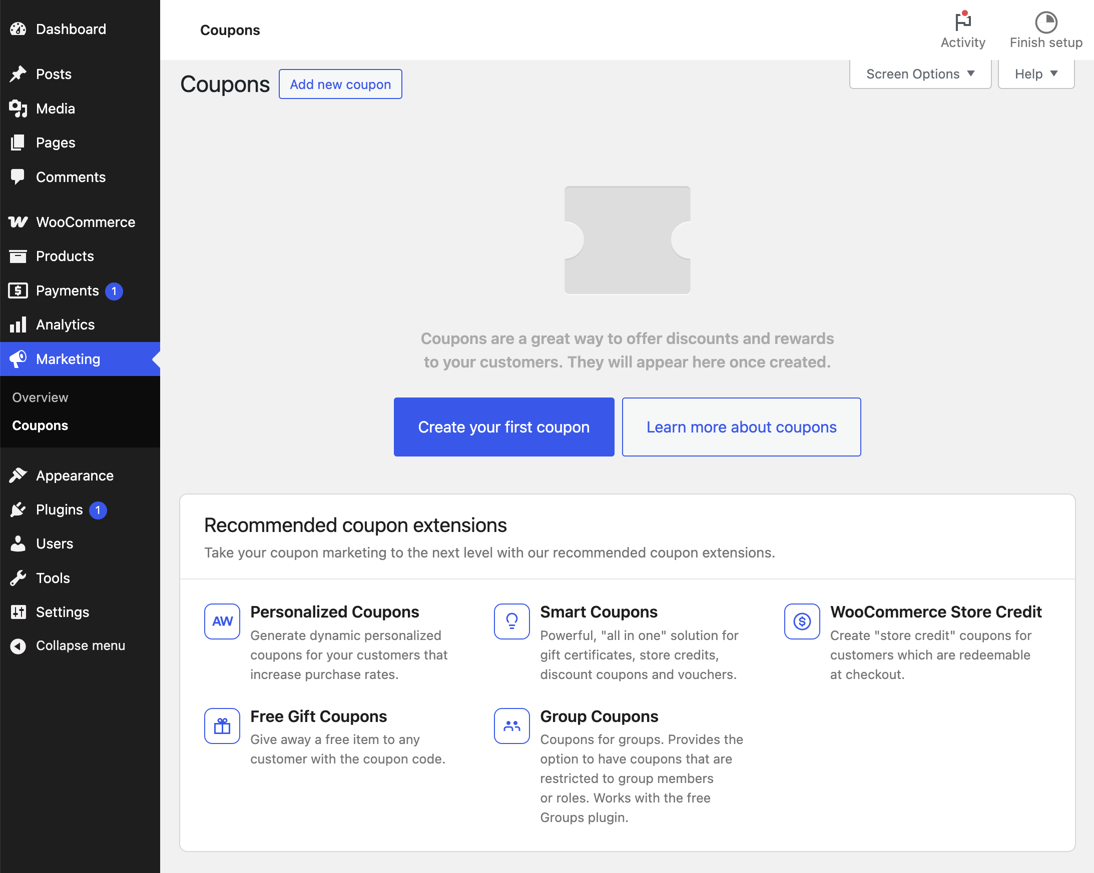 WooCommerce后台新增优惠券界面，包含优惠码输入框与折扣类型下拉选项