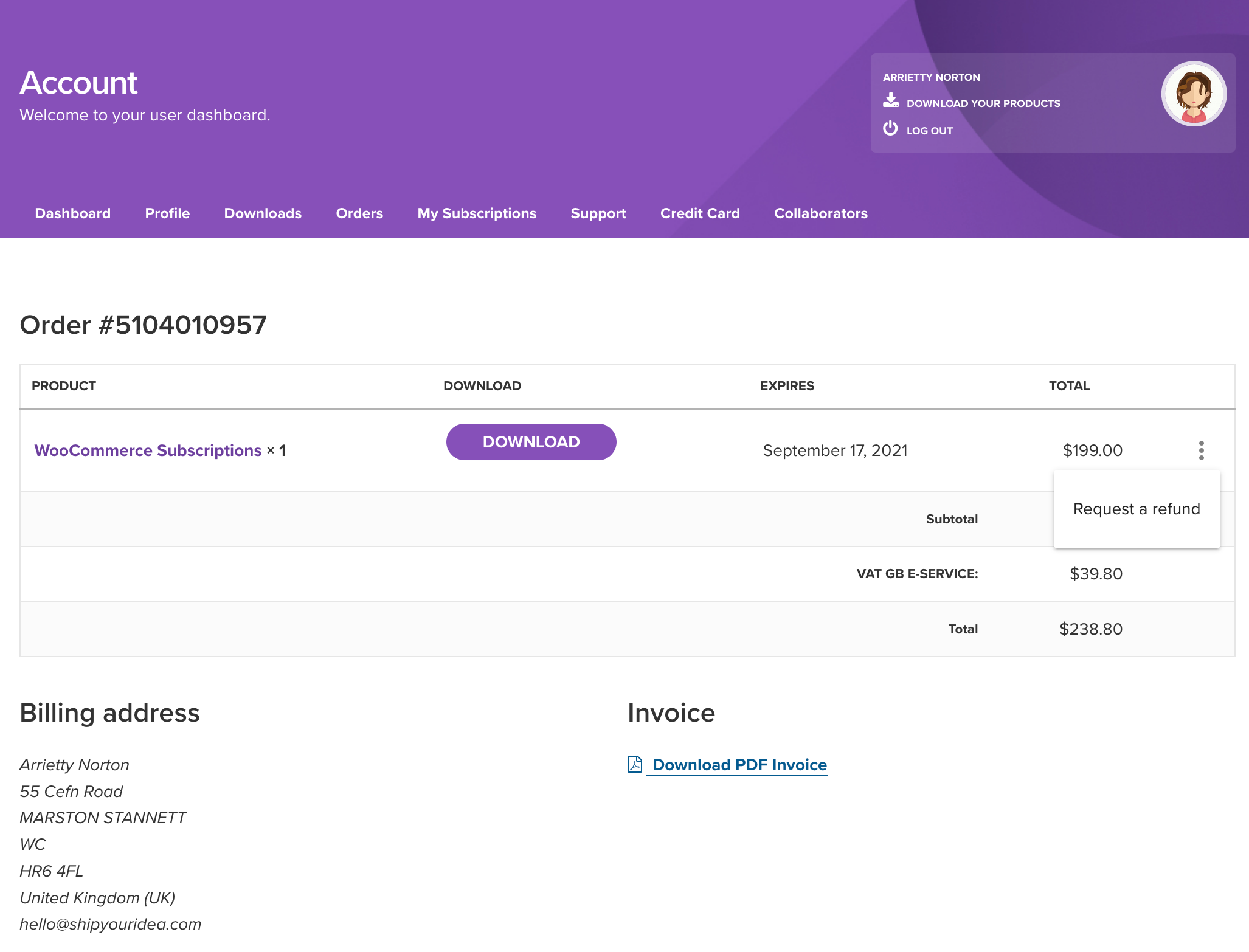 订单详情页的退款入口示意，右侧三点菜单展开后出现Request a refund选项